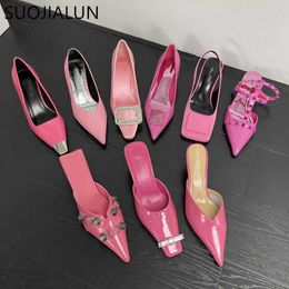 Sandals SUOJIALUN 2023 Spring New Brand Women Sandal Fashion Pink Pointed Ladies Elegant Thin High Heel Pumps Shoes Dress Pumps Sandal T230208