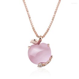 Pendant Necklaces Rose Gold Color Genuine 925 Sterling Silver Pink Crystal Necklace For Women Girls Female Apple Pattern