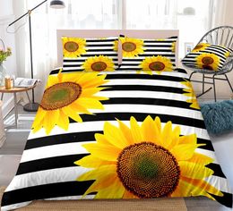 Bedding sets 3 Pieces Yellow Sunflowers Black White Stripe Duvet Cover Set Flower Quilt Queen Bed Sunflower King Dropship 230210