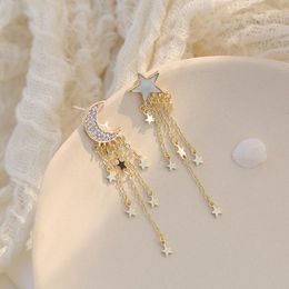 Stud Earrings 2023 Fashion Personality Star And Moon Asymmetrical Five-Pointed Tassel Female Temperament All-Match
