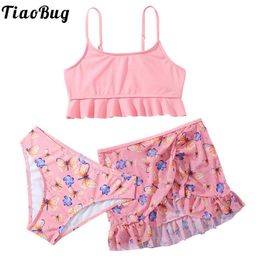 Clothing Sets Kids Girls Swimsuit Butterfly Print Three Pieces Swimwear Adjustable Straps Bikini Bottom with Cover Up Beach Skirt Bathing Suit W230210