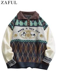 Men's Sweaters Sweater Bear Geometric Pattern Buttons Ethnic Streetwear Pullover Fall Winter Turn down Collar Outwear 230209