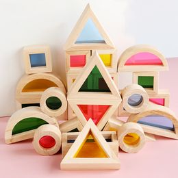 Blocks Wooden Rainbow Stacking Creative Colourful Learning And Educational Construction Light transmission Building Toy For Kids 230209