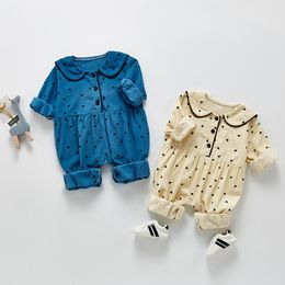 Jumpsuits Baby Girls Lovely Fashion Corduroy Romper Heart Printed Long Sleeve Turndown Collar Jumpsuit Girl Clothing 0-24M