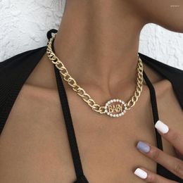 Chains SRCOI Trendy Baby Letter Oval Rhinestone Edge Hollow Tag Necklace For Women Thick Link Chain Choker Name Initial Neck Jewellery