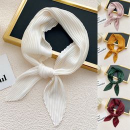 New Women Silk Pleated Scarf Solid Neck Scarfs Female Bandana Shawl Fashion Small Neck Scarves Lady Hair Band Neckerchief