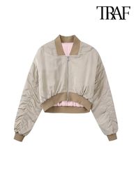 Women's Jackets TRAF Women Fashion Front Zipper Satin Crop Padded Bomber Jacket Coat Vintage O Neck Long Sleeve Female Outerwear Chic Tops 230209