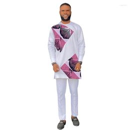 Men's Tracksuits African Fashion Full Sleeves White Men's Pant Sets Patchwork Shirts Solid Trousers Male Groom Suits Wedding Party