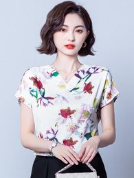 Women's T Shirts Woman Tshirts V-neck Chiffon Print For Women 2023 Summer Silk Fashion Ladies Top Short Sleeves Vintage Tops Floral Tees