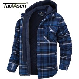 Men's Casual Shirts TACVASEN Men's Flannel Shirt Jacket with Removable Hood Plaid Quilted Lined Winter Coats Thick Hoodie Outwear Man Fleece Shirts 230210