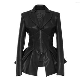 Women's Leather Faux Women PU Jacket Coat Black Gothic Fashion Pleated V-neck Female Plus Size