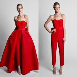 Chic 2 In1 Prom Dress With Detachable Train Elegant Red Jumpsuit Evening Dresses With Bow Satin Formal Dance Party 2023 Robes Speacial Occasion Vestido De Fiesta