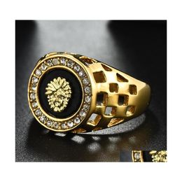 Cluster Rings Vintage Crystal Enamel Lion Head For Men Hip Hop Gold Alloy Hollow Wide Finger Ring Luxury Punk Rock Knight Jewellery Dr Dhtcw