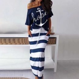 Casual Dresses Summer Striped Dress Women Casual Sexy Slash Ankle-Length Slim Dresses Female Off Shoulder Blouses T-shirt Maxi Dress 2 Pieces T230210