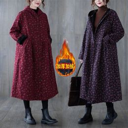 Women's Trench Coats Women Fleece Autumn And Winter Cotton And Linen Jacket Small Floral Plus Velvet Warm Hooded Windbreaker Coat Long Abrigos M1547 230211