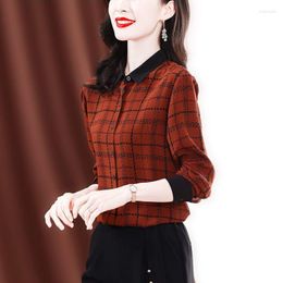 Women's Blouses Commute Spring Autumn Plaid Printed Blouse Fashion Patchwork Elegant Female Clothing Polo-Neck Straight Single-breasted