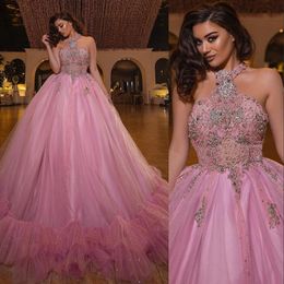 Pink Ball Gown Quinceanera Dresses Bridal Gowns Halter Crystal Beads Zipper Back Sweet 16 Dress Ruffles Floor Length Tulle Sequined Lace