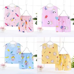 Clothing Sets New Children's Cotton Silk Pajamas Boys And Girls Baby Tshirt Shorts piece Summer Kids Sleeveless Vest Suit