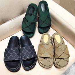 Designer Slipper Mens Womens Embroidered Canvas Slides Slip On Slippers Girls Covered Platform Sandals Bigger Size 35-46