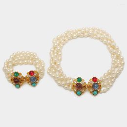 Necklace Earrings Set JBJD Vintage Jewellery European Multi-row Artificial Pearl Choker Short Resin Wedding Accessories Party