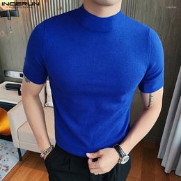 Men's T Shirts INCERUN Men Shirt Solid Colour Turtleneck Short Sleeve Streetwear Fitness Casual Camiseta Masculina 2023 Stylish Tee Tops