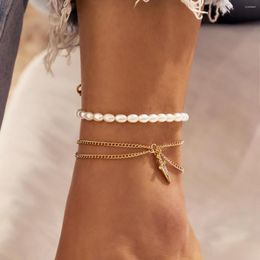 Anklets Boho Imitation Pearl Beaded Summer Anklet Women Gold Colour Metal Shiny Crystal Sword Pendant Beach Girls Fashion Jewellery