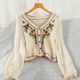 Women's Blouses & Shirts Chic Fashion Floral Embroidery Boho Blouse Crop Top Cotton Line Shirt Women Long Sleeve Spring Autumn Blusa Cropped