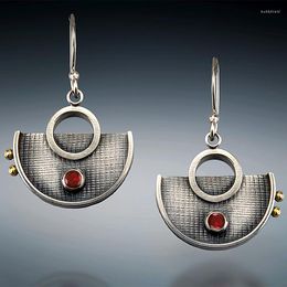 Dangle Earrings Boho Half-circle Red Rhinestone Tribal Antique Metal Hollow Round Handmade Women Girl Jewellery Gift