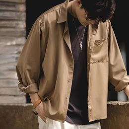 Men's Casual Shirts Harajuku Collar Lining Loose Coats Non-iron Embroidery Satin Anti-wrinkle Shirt Ice Silk Drape ShirtMen's