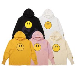 Design Fashion Luxury Mens Hoodie Smile Face Letter Print Panel Long Sleeve Sweater Casual Pullover Round Neck Top Black White Yellow Pink Apricot