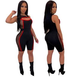Women's Jumpsuits & Rompers 2023 Spring Bodysuit Women Slim Fit Playsuit Sheer Mesh Color Patchwork Hollow Out Sleeveless Short Womens Jumps