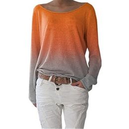 Women's T Shirts Plus Size 4X Gradient Fashion Long Sleeve Spring Summer O-neck Loose Tunic Casual Tops