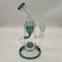 2022 Twin Chamber Pecork Green 9Inches Hookah Glass Bong Dabber Rig Recycler Pipes Water Bongs Smoke Pipe 14.4mm Female Joint with Regular Bowl Wholsale