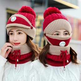 Beanies Beanie/Skull Caps Windproof Hat Women Warm Knit Hats Scarf Sets Winter Plus Velvet Mask Neck Protector 3 PC Set Cycling Wool