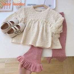 Clothing Sets Bear Leader Little Girl South Korean Fashion Baby Solid Colour Puffy Sleeve Pleats and Flare Trouser Suit Kids Clothes