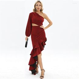 Casual Dresses Arrivals One Shoulder Maxi Dress Women Hollow Out Split Ruffles Elegant Sexy Celebrity Evening Party Club Vestidos