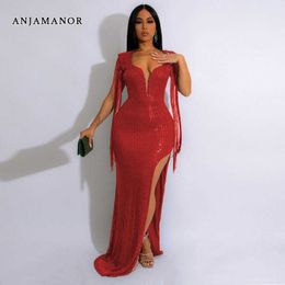 Casual Dresses ANJAMANOR Luxury Sequin Red Party New Years Dress Women Sexy Backless Tassel High Split Maxi Dresses Evening Gown D35-FI46 T230210