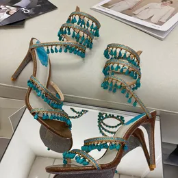 Rene Caovilla Crystal-embellished Top-quality Jewelled Chandelier Sandals Leather Stiletto Heels Women Heeled Shoes Luxury Designers Ankle Wraparound X99o