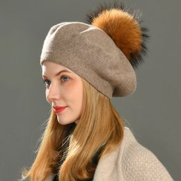 BeanieSkull Caps Winter Female Beret Women Hat 15CM Real Raccoon Fur Pompom Wool Cashmere Natural Ball Cap for 230211