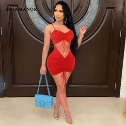 Casual Dresses ANJAMANOR Sexy Hollow Out Drawstring Ruched Bodycon Mini Dresses for Women 2021 Solid Night Club Wear Sundress Wholesale D36BF22 T230210