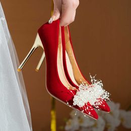 Sandals Bridal Wedding Pumps High Heel Women's Shoes Spring 2022 Red Fashion Pearl Stiletto Modern Shoes Luxurious Banquet With Dresses G230211