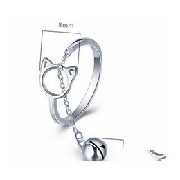 Band Rings Fashion Fresh Hollow Cute Cat Ear Finger Open Ring Design Jewellery Bell Pendant Ladies Young Adjustable Gift Chain Link Dr Dhsdg