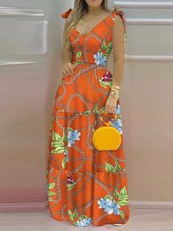 Party Dresses Chain Floral Print Tied Detail Sleeveless Maxi Dress Women V Neck Fit Flare Casual Summer Dress T230210