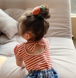 T-shirts deer jonmi 2022 Summer New Korean Style Baby Girls Striped T-shirts Bowknot Backless Puff Sleeve Tops Toddlers Kids Tees T230209