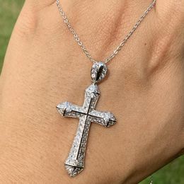 Chains Lovely Sparkling Luxury Jewelry 925 Sterling Silver Pave White Clear 5A Cubic Zirconia Cross Pendant Party Women Necklace Gift