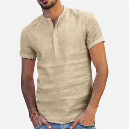 Men's Polos Men Linen Shirts Short Sleeve Breathable Baggy Casual Slim Fit Solid Cotton Mens Pullover Tops Blouse 230211