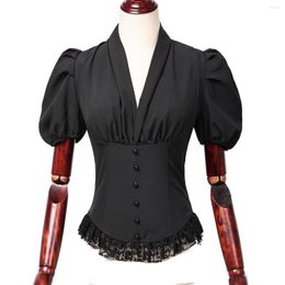 Women's Blouses Vintage Victorian Blouse Women Short Sleeve V Neck Lace Chiffon Slim Corset Tops