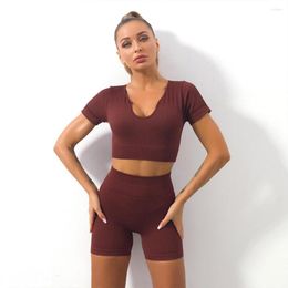 Active Sets Ribbed 2Pcs Women Yoga Set Workout Sportswear Suit Gym Crop Tops High Waist Leggings Shorts Girl Running Fitness Sports Clothes