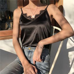 Women's Tanks Camis Summer Satin Crop Top Women Camis Roupas Slik Lace Tops Female Camisole Black Halter T-shirts Basic Woman Clothes 230210