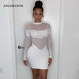 Casual Dresses ANJAMANOR sexy white patchwork mesh transparent dress for women party clubwear long sleeve bodycon mini dresses D85-BG16 T230210